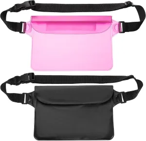 HARFINGTON 2pcs Waterproof Pouch Waterproof Fanny Pack Floating Waterproof Bag with Adjustable Waist Strap for Travel Beach Swimming Kayaking Boating Pool Accessories, Solid Black Clear Pink