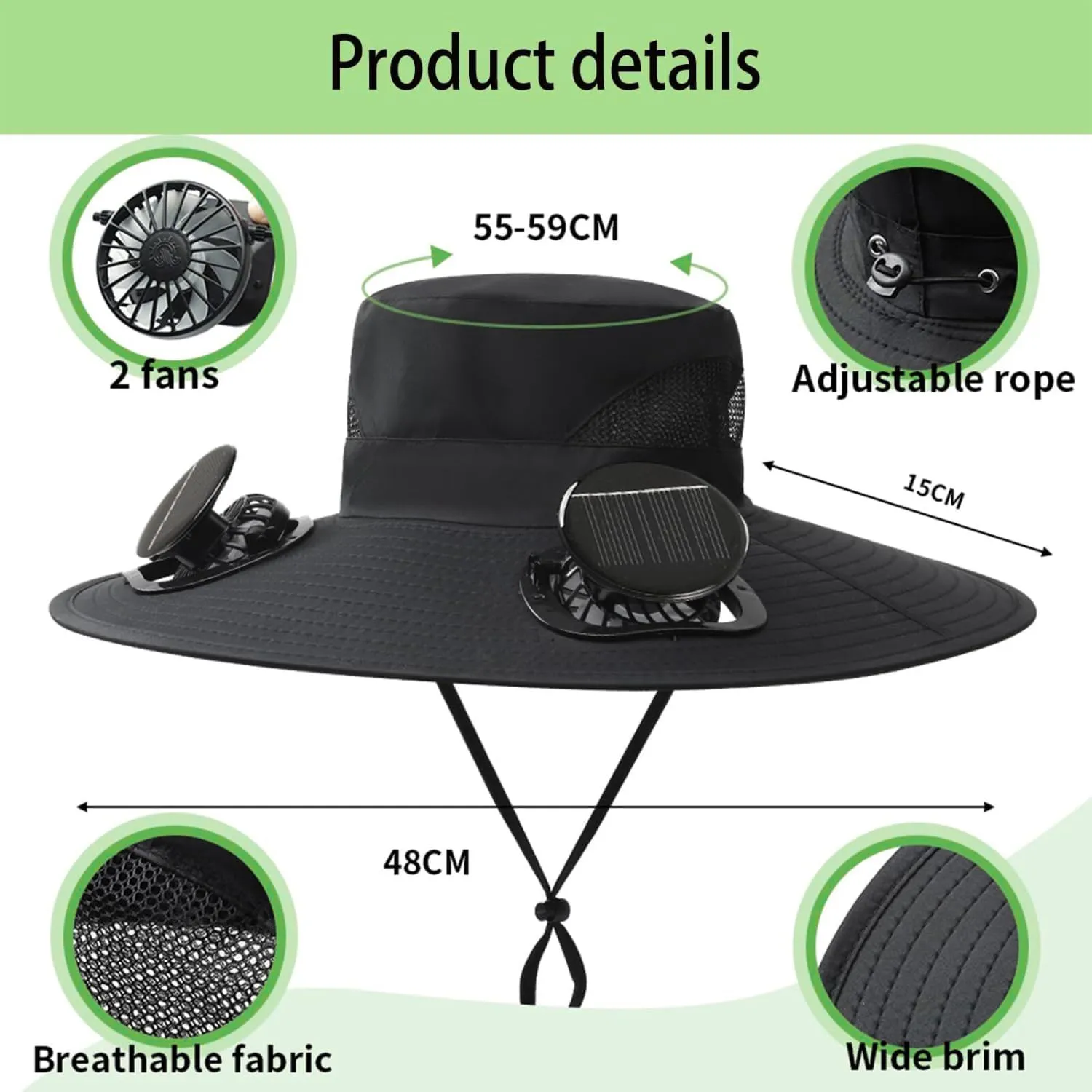 Hat with Fans Solar Power, Wide Brim Solar Fan Hat Outdoor Fishing for Men Women, Quick-Dry Umbrella Hats for Adults