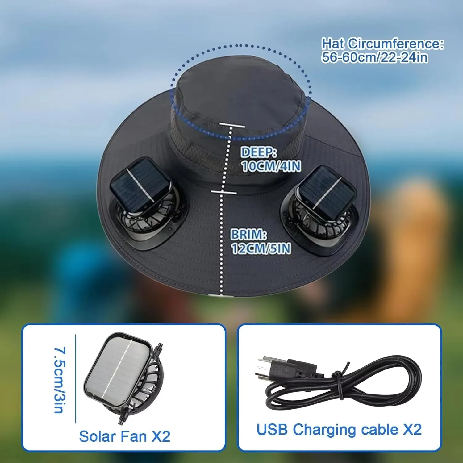 Hat with Fans Solar Power, Wide-Brim USB & Solar Powered Fan Hat with 2 Solar Fan for Men Women