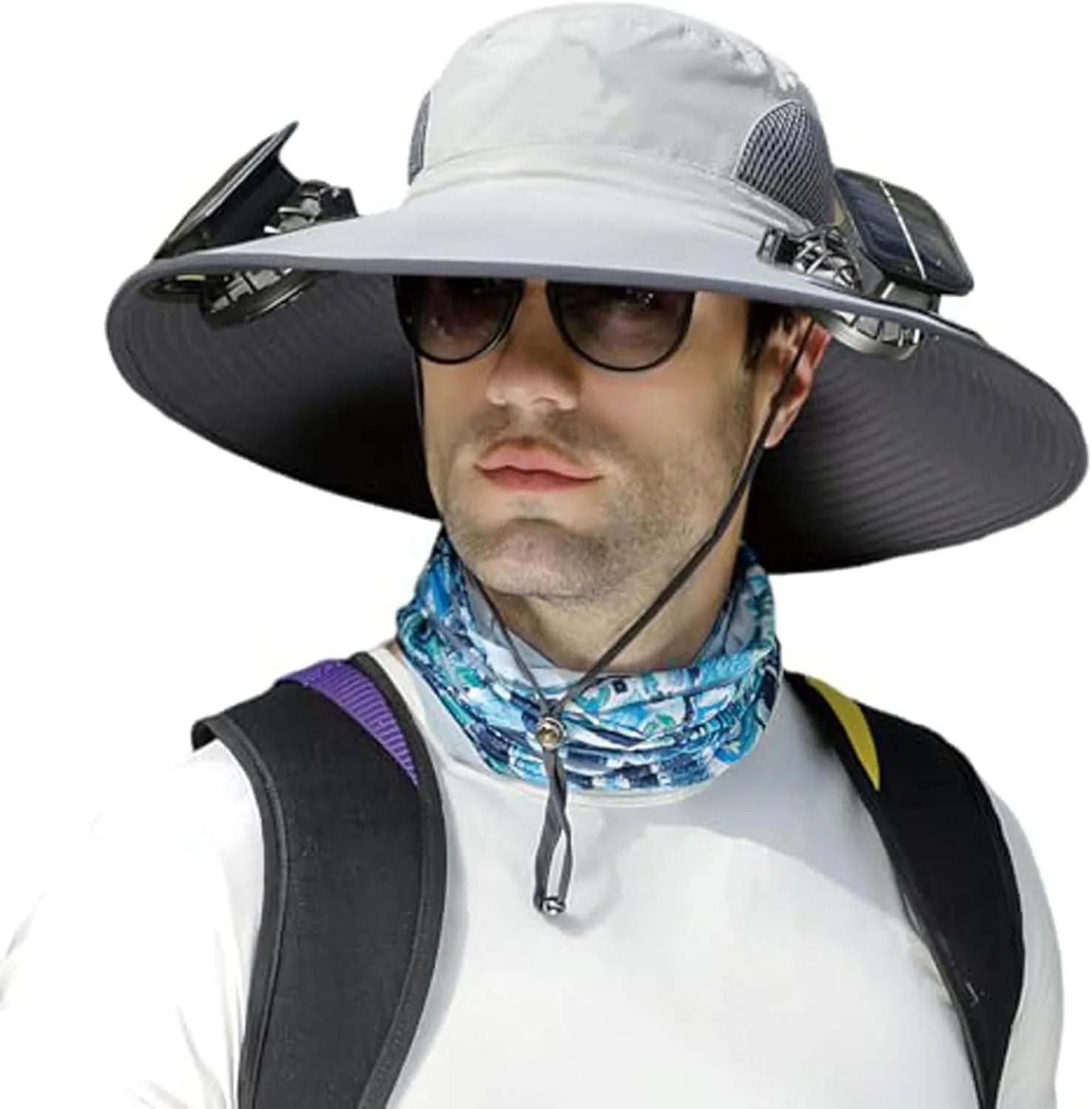 Hat with Fans Solar Power,Wide Brim Sun Hat with 2 Solar Fan Fishing Bucket Hat UPF 50  Sun Hat with Sunglasses