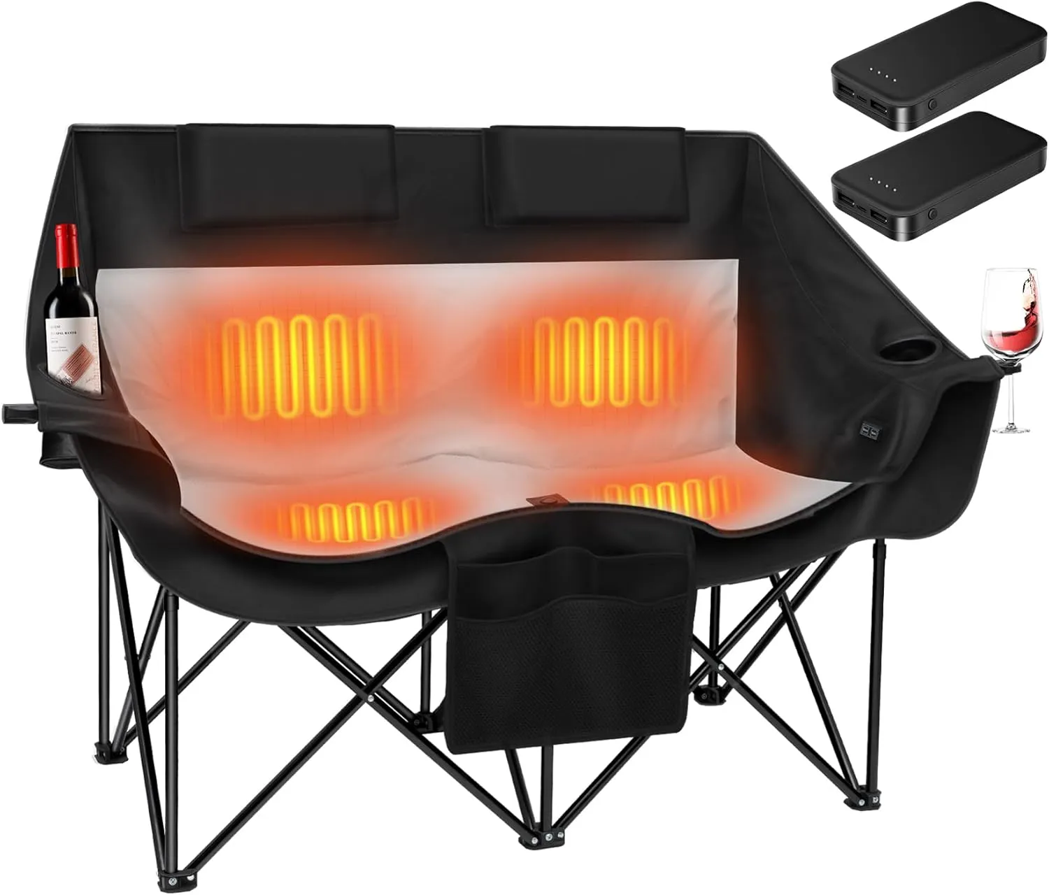 Heated Double Camping Chair with 2 20000mAh Battery Pack, 2 Control Switches 2-Person Loveseat, 550 lbs for Outdoor Sports, Picnics, Rugby Match, Lawn