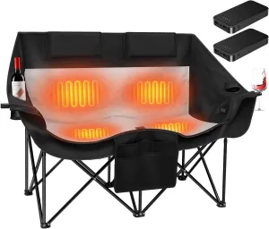 Heated Double Camping Chair with 2 20000mAh Battery Pack, 2 Control Switches 2-Person Loveseat, 550 lbs for Outdoor Sports, Picnics, Rugby Match, Lawn