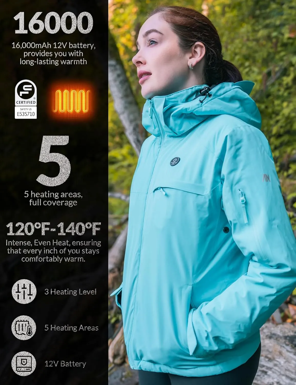 Heated Jacket, Ski Jacket Coat, With 12V/16000mAh Battery Pack, 5 Areas Heating Thicken Women Winter Coat