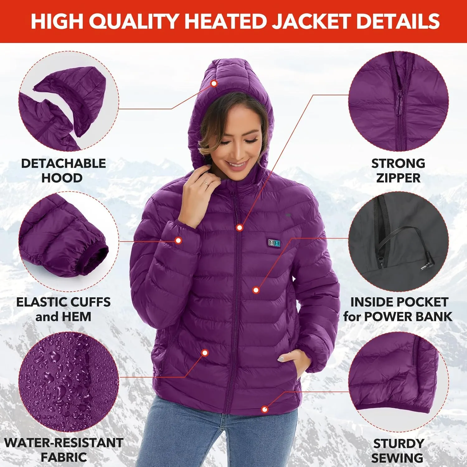 Heated Jackets for Women, 9 Heating Areas With 10000mAh Power Bank,Winter Warm Outdoor Ski Coat