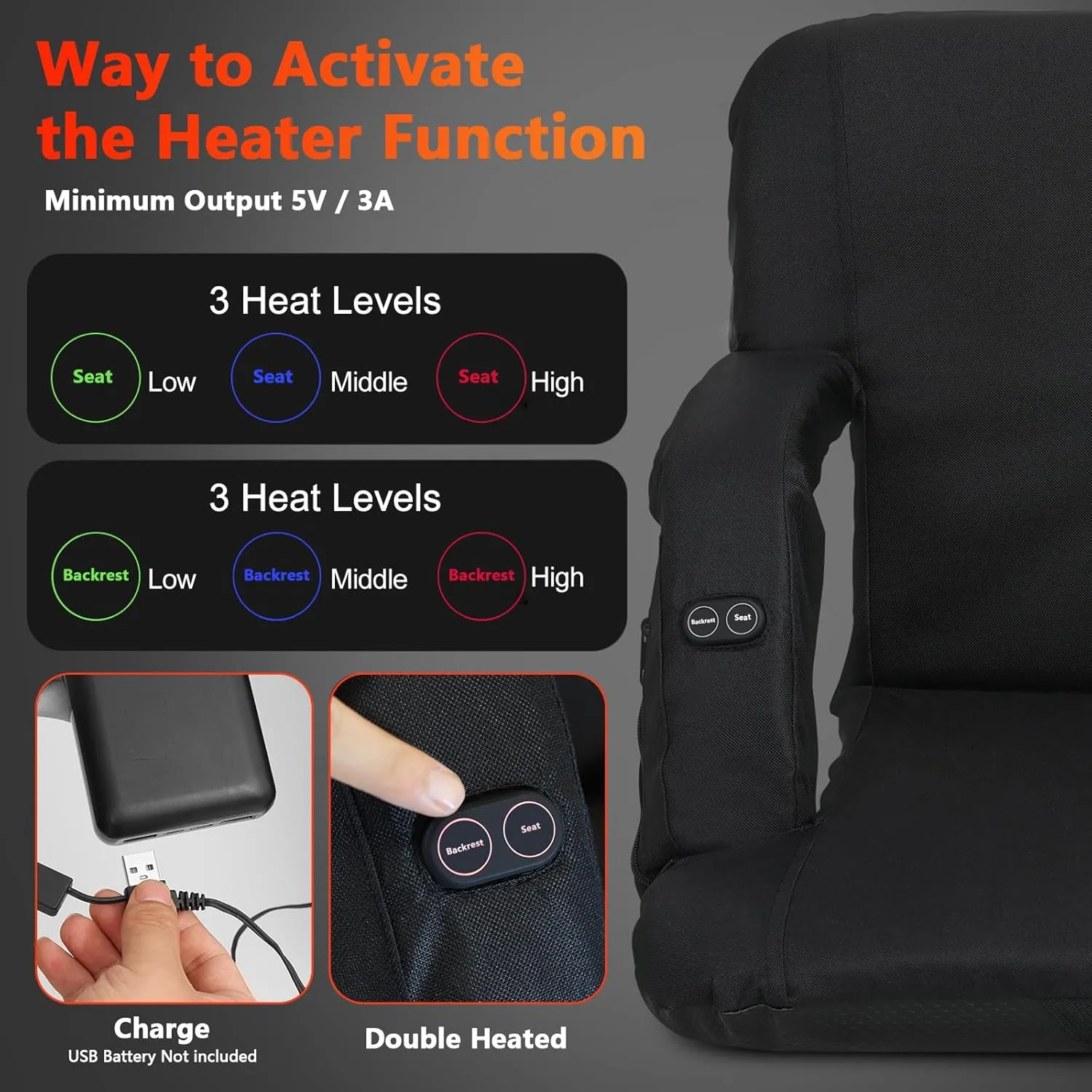 Heated Stadium Seats for Bleachers with Back Support, 3 Levels Heated Bleacher Seat with Backrest, Portable Heated Stadium Chairs with Back and Cushion for Outdoor Sports