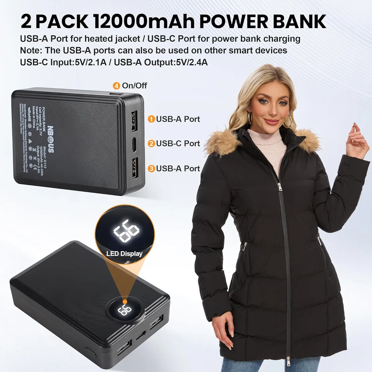Heated Women Jacket, 2 Pack 12000mAh Power Bank, 5 Heat Zone, 4 Heating Level