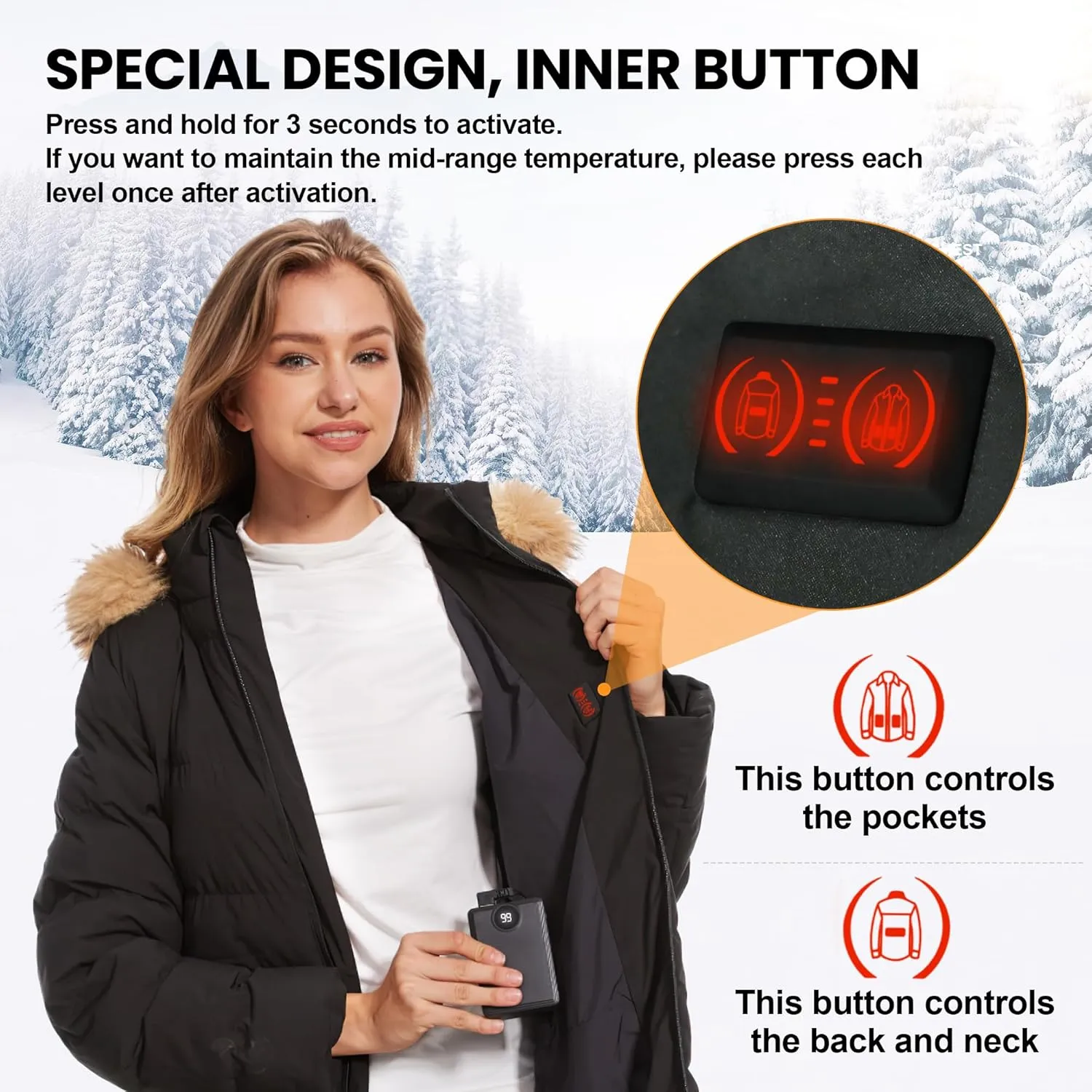 Heated Women Jacket, 2 Pack 12000mAh Power Bank, 5 Heat Zone, 4 Heating Level