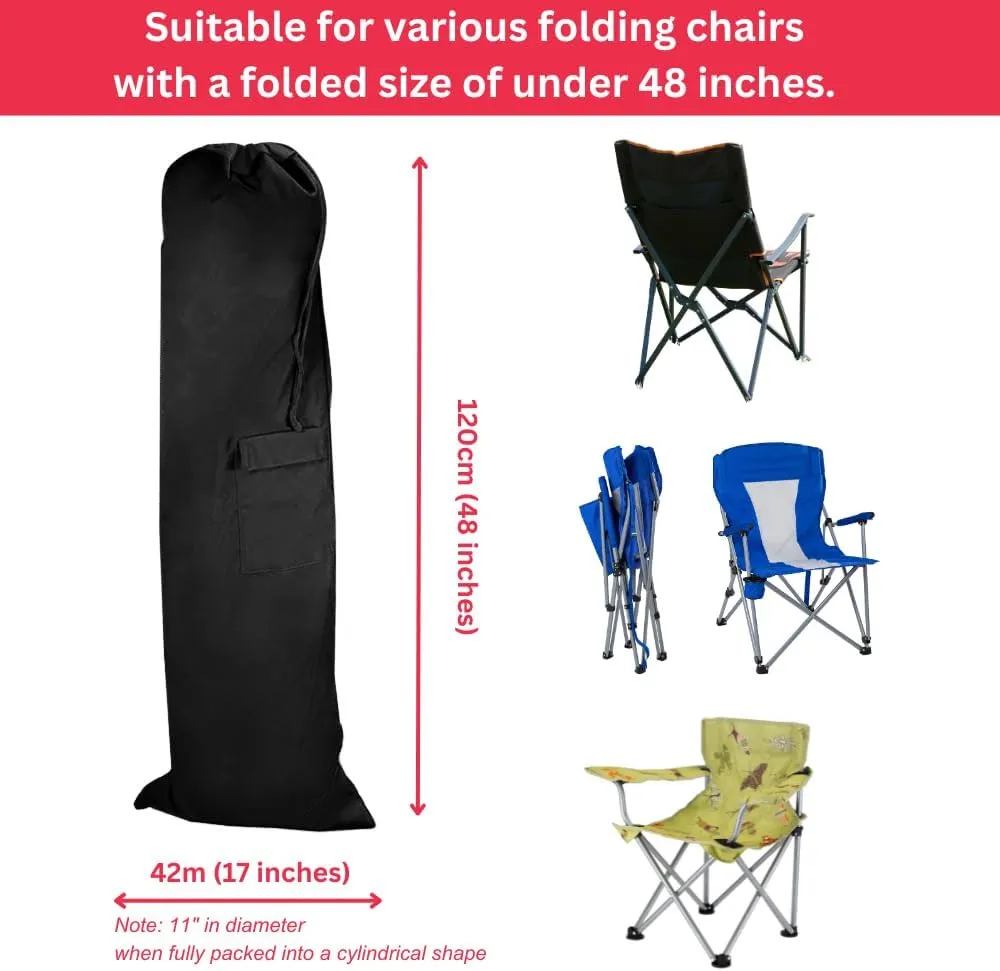 Heavy Duty Camping Chair Replacement Bag with Side Pocket, Camp Cover Bags for Carrying Folding Chairs - 48 X 11 Inches, Durable 600D Oxford Fabric, Extra Wide Mouth, Adjustable Strap (Black)