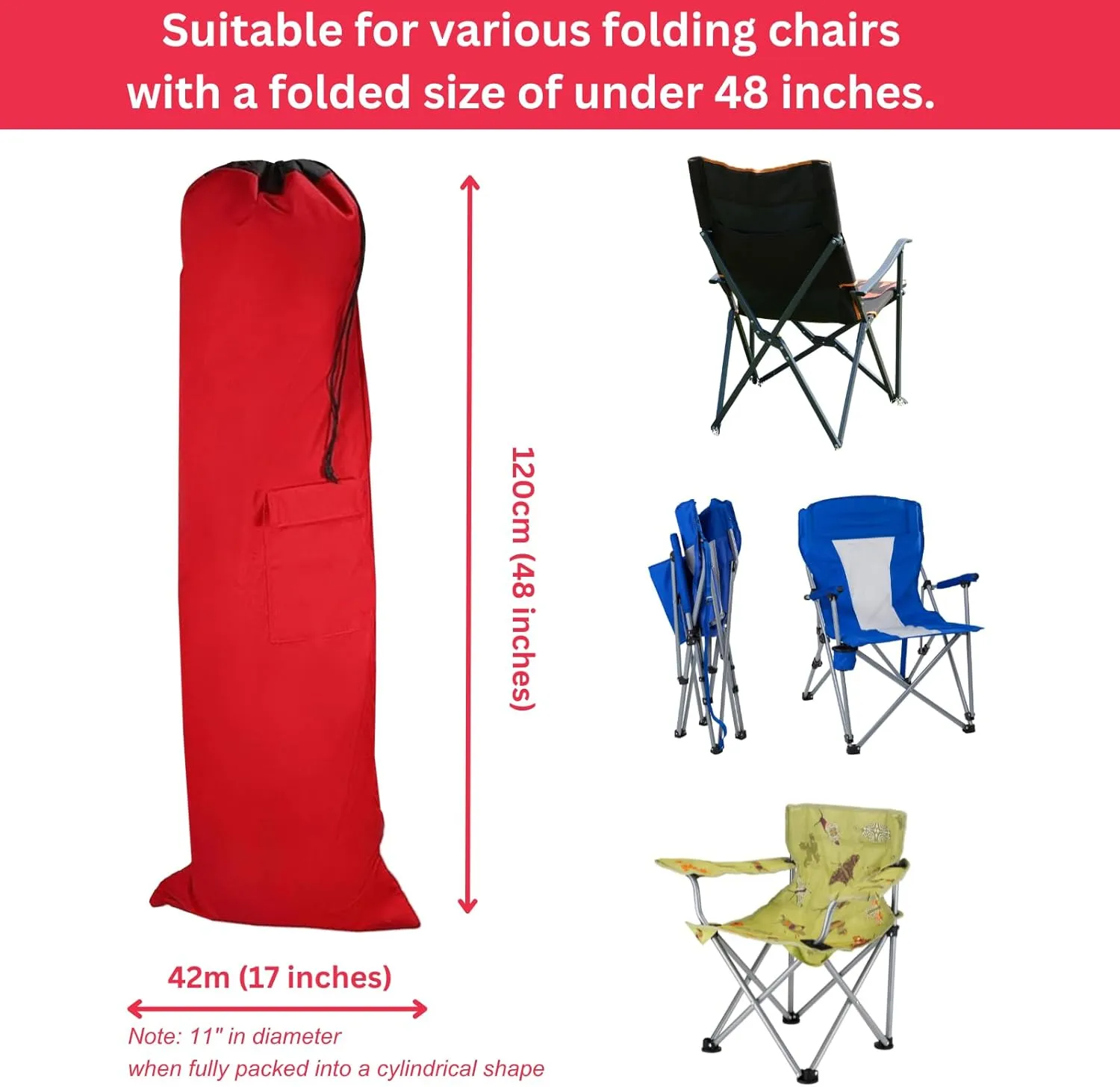 Heavy Duty Camping Chair Replacement Bag with Side Pocket, Camp Cover Bags for Carrying Folding Chairs - 48 X 11 Inches, Durable 600D Oxford Fabric, Extra Wide Mouth, Adjustable Strap for Carry (Red)