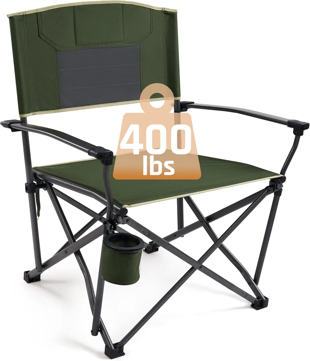 Heavy Duty Folding Camping Chairs for Adults Metal Arm Lawn Chairs Steel Frame Support 400 lbs, Oversized Camping Chair with Swivel Cup Holder & Hollow Backrest, Extra Large Outdoor Camp Chair Green