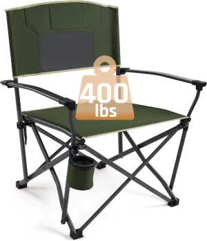 Heavy Duty Folding Camping Chairs for Adults Metal Arm Lawn Chairs Steel Frame Support 400 lbs, Oversized Camping Chair with Swivel Cup Holder & Hollow Backrest, Extra Large Outdoor Camp Chair Green