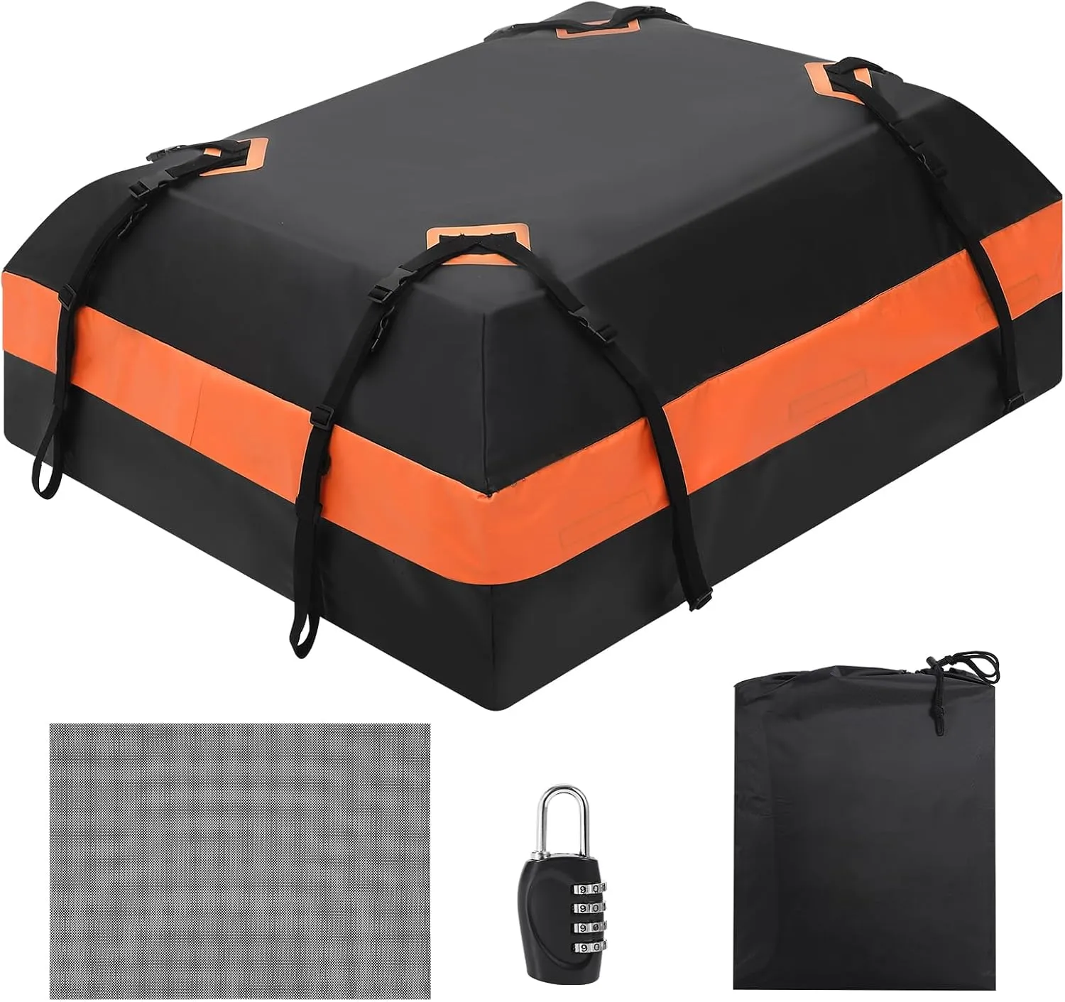 Heavy-Duty Rooftop Cargo Carrier 15 Cubic Feet,Waterproof Car Roof Bag with 6 Door Hooks & Universal Fit for Almost Car or SUV, All-Weather 600D TPU Construction,Black with Orange