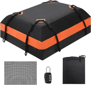 Heavy-Duty Rooftop Cargo Carrier 15 Cubic Feet,Waterproof Car Roof Bag with 6 Door Hooks & Universal Fit for Almost Car or SUV, All-Weather 600D TPU Construction,Black with Orange