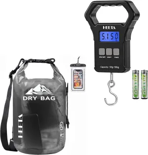 HEETA Waterproof Dry Bag for Women Men (Black 5L) Bundled with Fish Scale up to 110lb/50kg with 2 AAA Batteries (Black)
