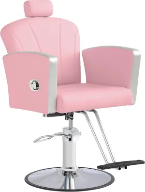 Height Adjustable Salon Chair for Hair Sylist, Reclining Salon Hair Chairs, Hydraulic Barber Chair, 360 Degree Swivel Shampoo Chairset for Barbershop (Pink)