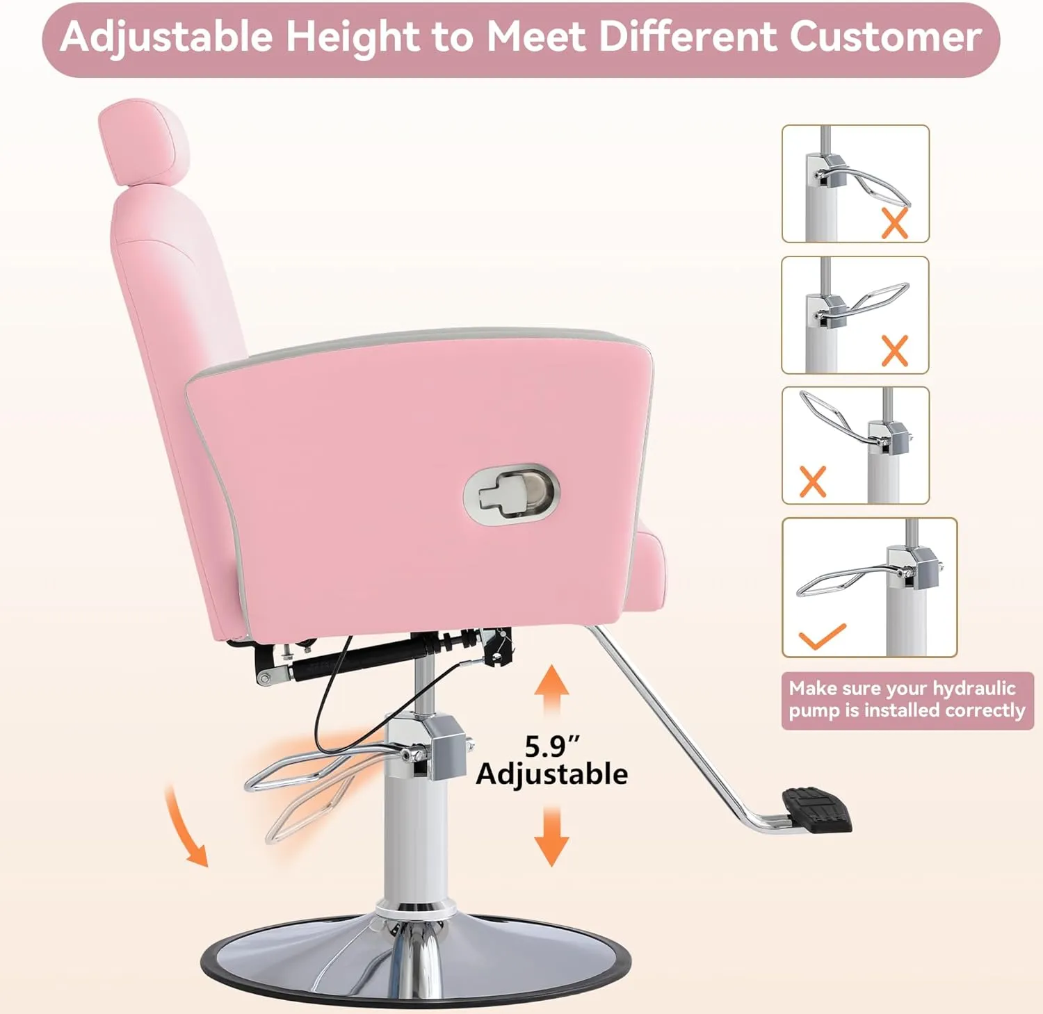 Height Adjustable Salon Chair for Hair Sylist, Reclining Salon Hair Chairs, Hydraulic Barber Chair, 360 Degree Swivel Shampoo Chairset for Barbershop (Pink)