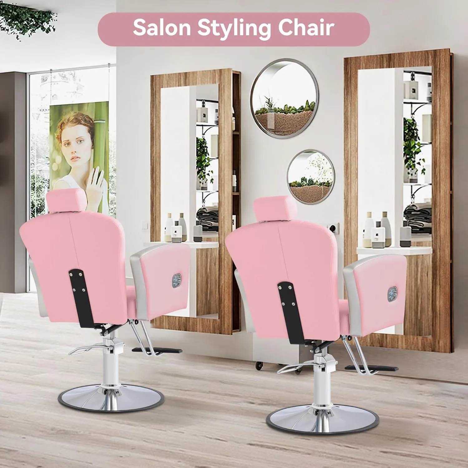 Height Adjustable Salon Chair for Hair Sylist, Reclining Salon Hair Chairs, Hydraulic Barber Chair, 360 Degree Swivel Shampoo Chairset for Barbershop (Pink)