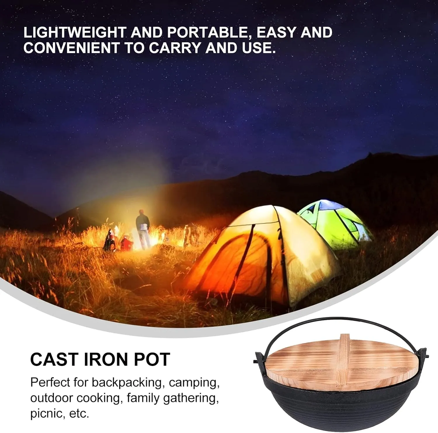 Hemoton Cast Iron Camping Pot with Lid, 20cm, Nonstick, Outdoor Picnic Cookware, Deep Frying Pan for Backpacking Hiking