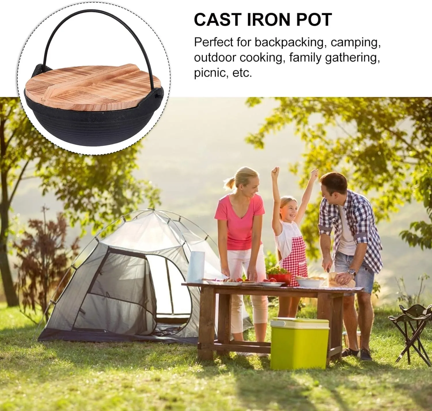 Hemoton Cast Iron Camping Pot with Lid, 20cm, Nonstick, Outdoor Picnic Cookware, Deep Frying Pan for Backpacking Hiking