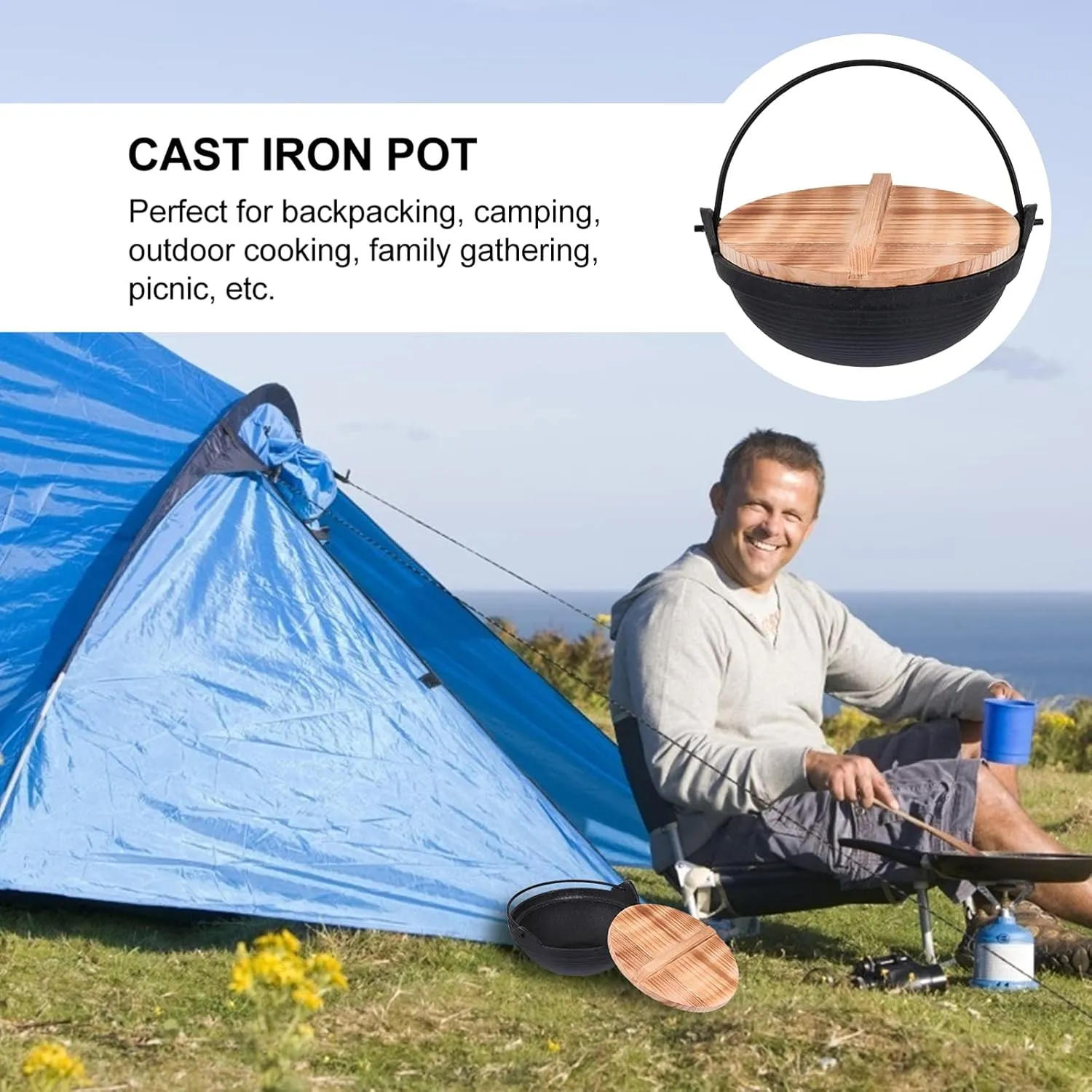 Hemoton Cast Iron Camping Pot with Lid, 20cm, Nonstick, Outdoor Picnic Cookware, Deep Frying Pan for Backpacking Hiking