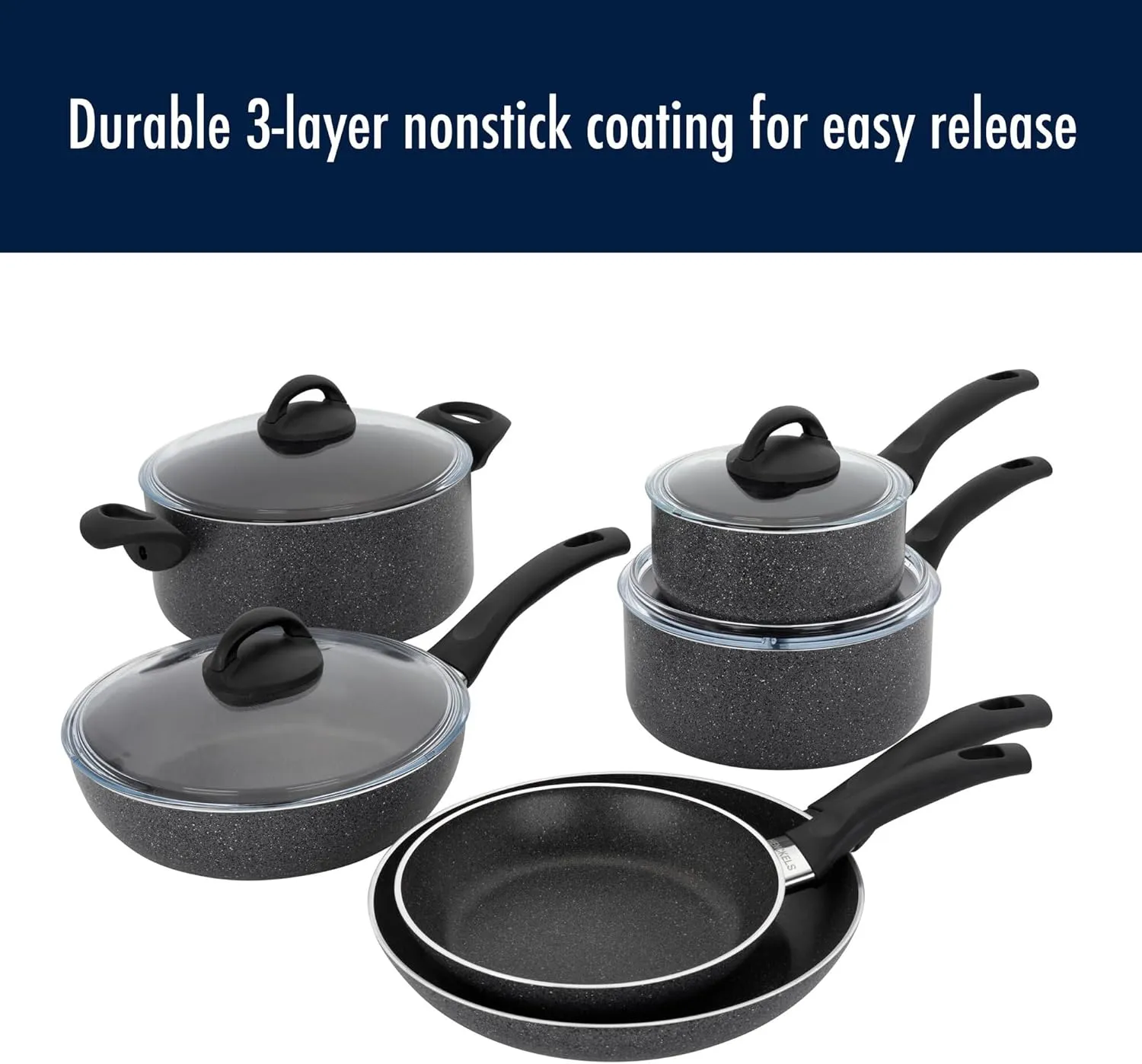 Henckels Everlift Granite 10-Piece Nonstick cookware set, Made in Italy, durable 3-layer granite-hued nonstick coating from recycled materials, Oven safe to 400°F, Dishwasher safe
