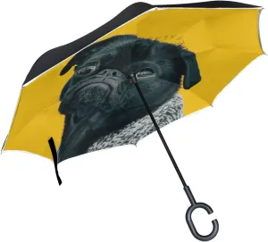 hengpai Curious Pug Reverse Inverted Inside Out Umbrella Cars Unigue Windproof UV Proof Double Layer for Women Men