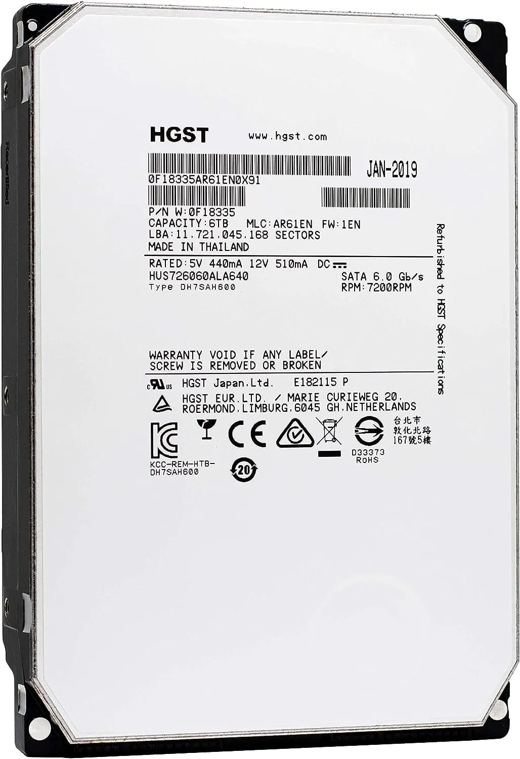 HGST Ultrastar HE6 HUS726060ALA640 (0F18335) 6TB 7200RPM 64MB Cache SATA 6.0Gb/s 3.5inch Enterprise Hard Drive - w/3 Year Warranty (Renewed)