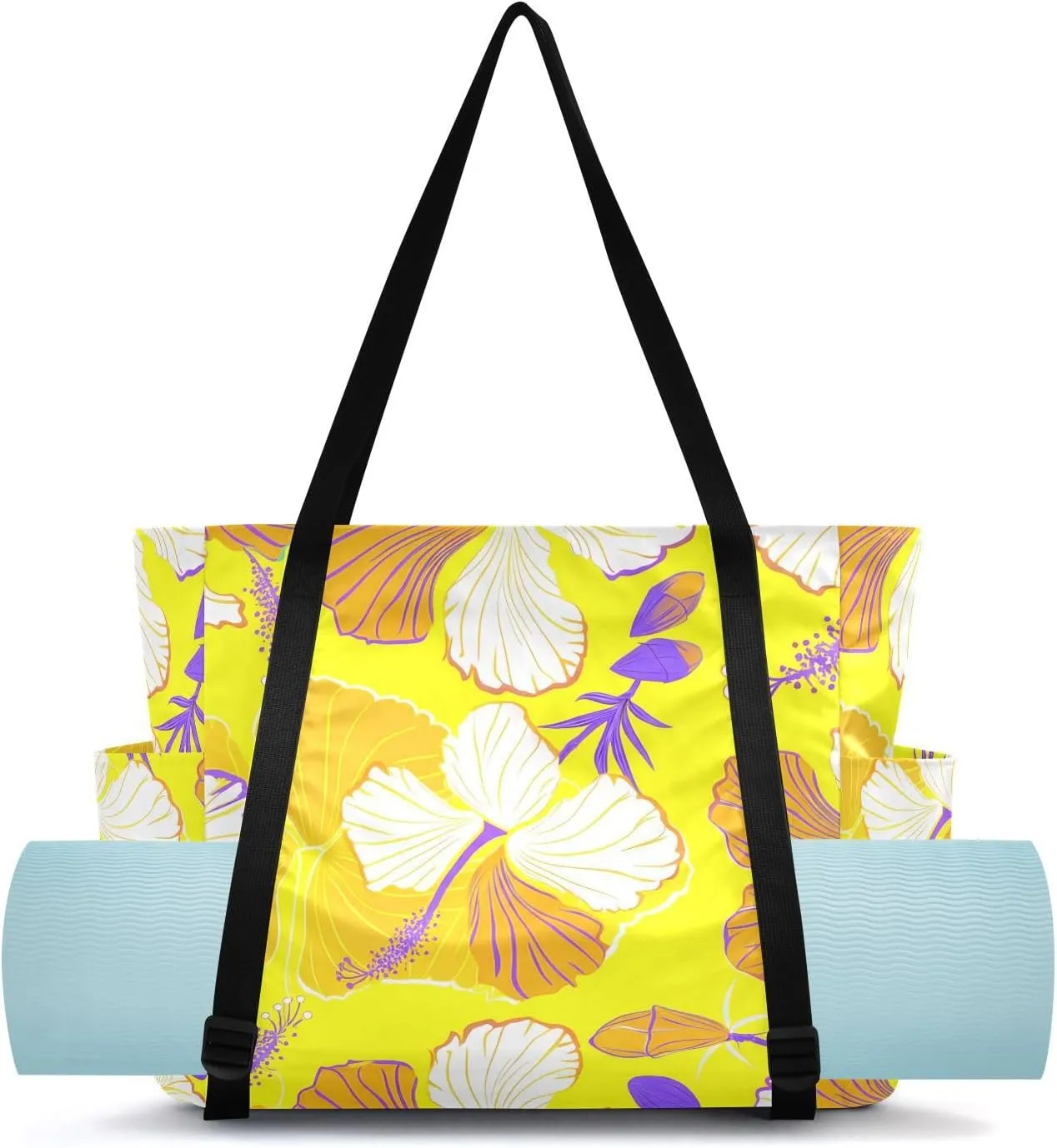 Hibiscus Energetic Yellow Yoga Mat Bag for Women Water-Resistant Gym Bag with Yoga Mat Holder Tote Bag for Pilates Yoga Office Gym