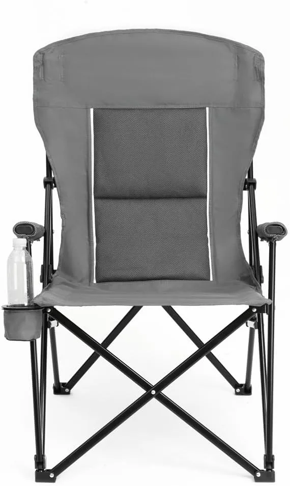 High Back Heavy Duty Folding Chair, Sturdy Steel Frame Outdoor Camping Chair, Portable Armrest Lawn Chair with Cup Holder, Load-Bearing Support 250LBS，Suitable for Outdoor (Gray)
