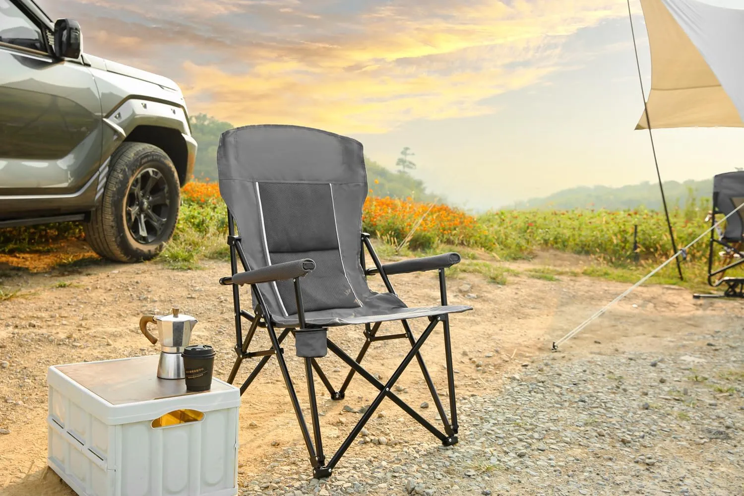 High Back Heavy Duty Folding Chair, Sturdy Steel Frame Outdoor Camping Chair, Portable Armrest Lawn Chair with Cup Holder, Load-Bearing Support 250LBS，Suitable for Outdoor (Gray)