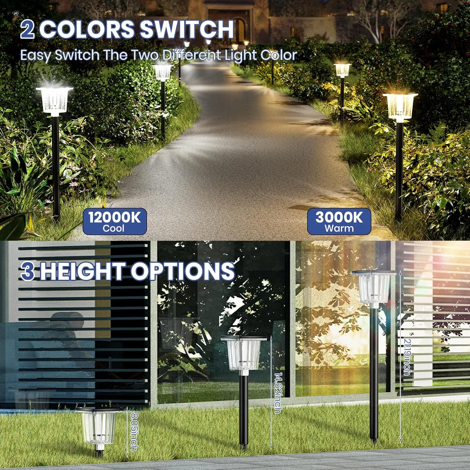 HIGH-POWER 2-in-1 Warm&Cold,3000/12000K 6 Pack Solar Pathway Lights,SUPER BRIGHT Solar Lights Outdoor IP65 Waterproof ,Up to 28 Hrs Solar Walkway Lights for Yard,Patio,Landscape,Sidewalk,Driveway,Lawn