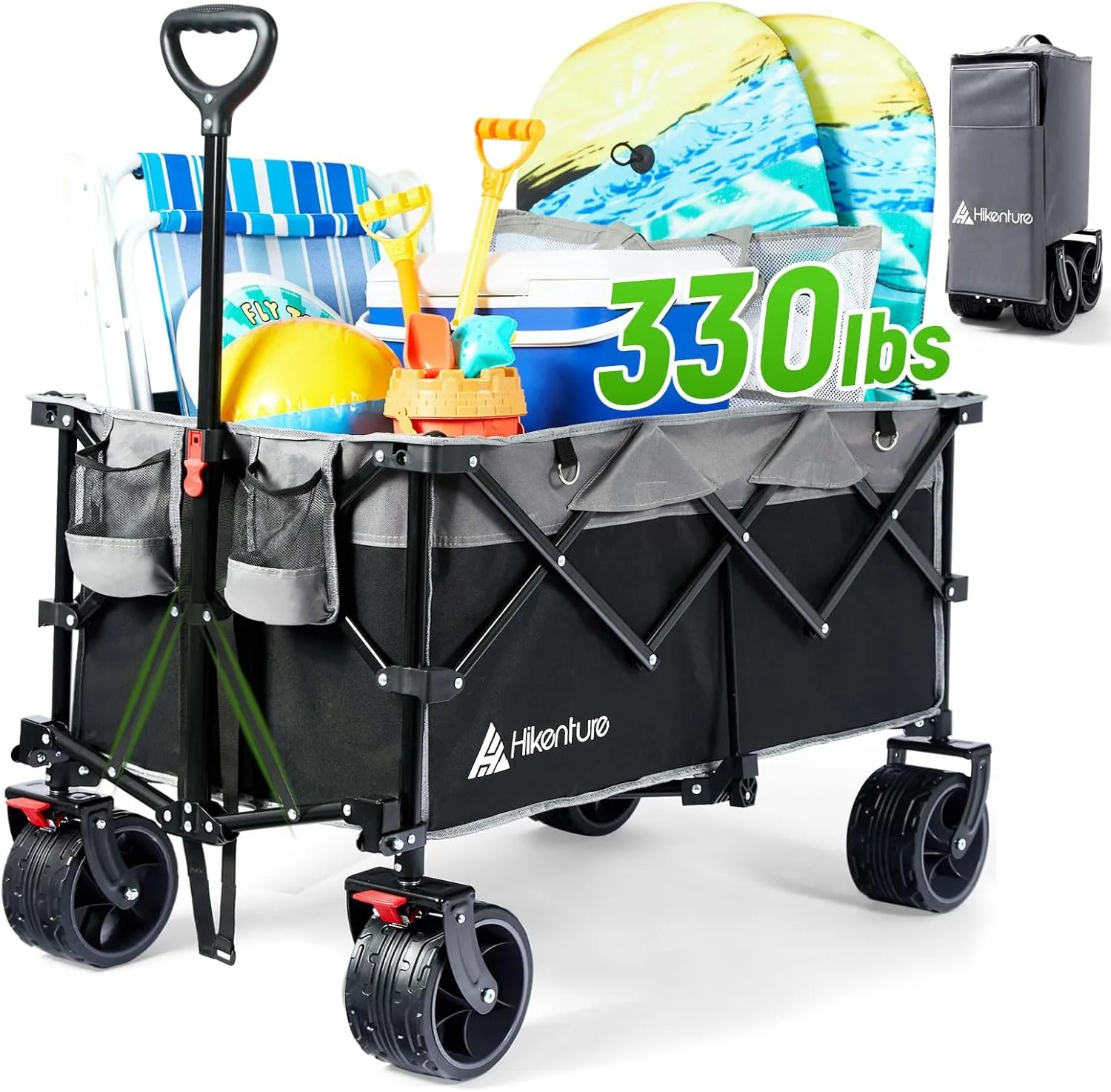 Hikenture Collapsible Wagon Cart, 330lbs Capacity Beach Wagons with Big Wheels for Sand, Heavy Duty Foldable Cart with Brakes, Portable Utility Folding Garden Cart for Outdoor