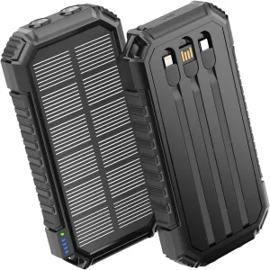 Hiluckey Solar Power Bank Portable Charger 27000mAh Built-in 3 Cables Solar Phone Charger - 15W PD QC 3.0 Fast Charging Outdoor Battery Pack for iPhone Android, Dual Flashlight (Black)