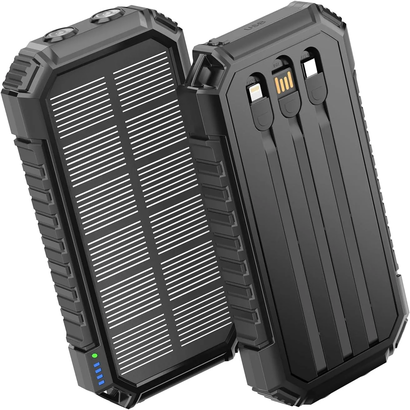 Hiluckey Solar Power Bank Portable Charger 27000mAh Built-in 3 Cables Solar Phone Charger - 15W PD QC 3.0 Fast Charging Outdoor Battery Pack for iPhone Android, Dual Flashlight (Black)