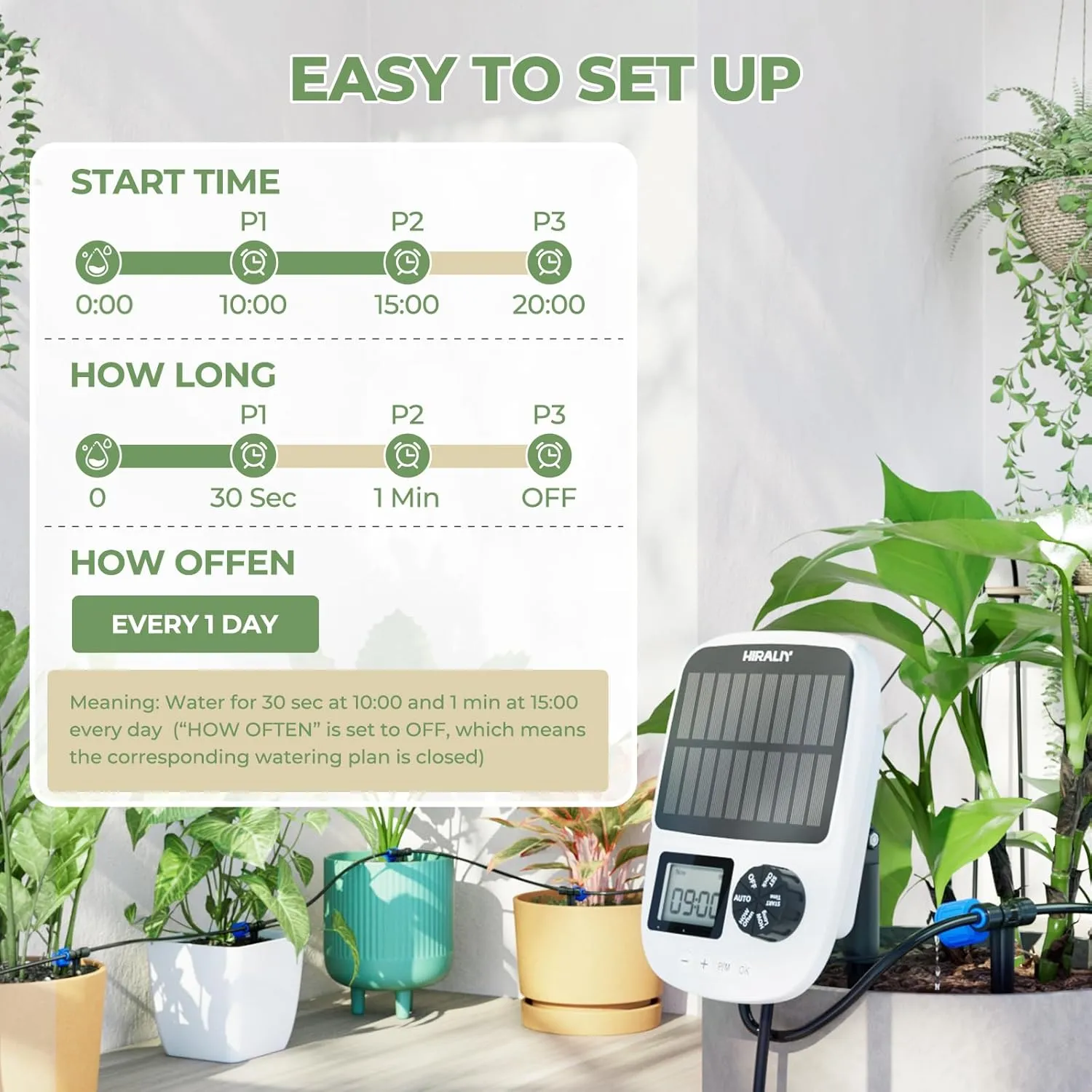 HIRALIY Solar Automatic Drip Irrigation System, Solar Powered Watering Device with Timer for Pots Plants, Pressure Balanced Drippers, Adjustable Water Flow, with USB Port, for Indoor Irrigation Kit