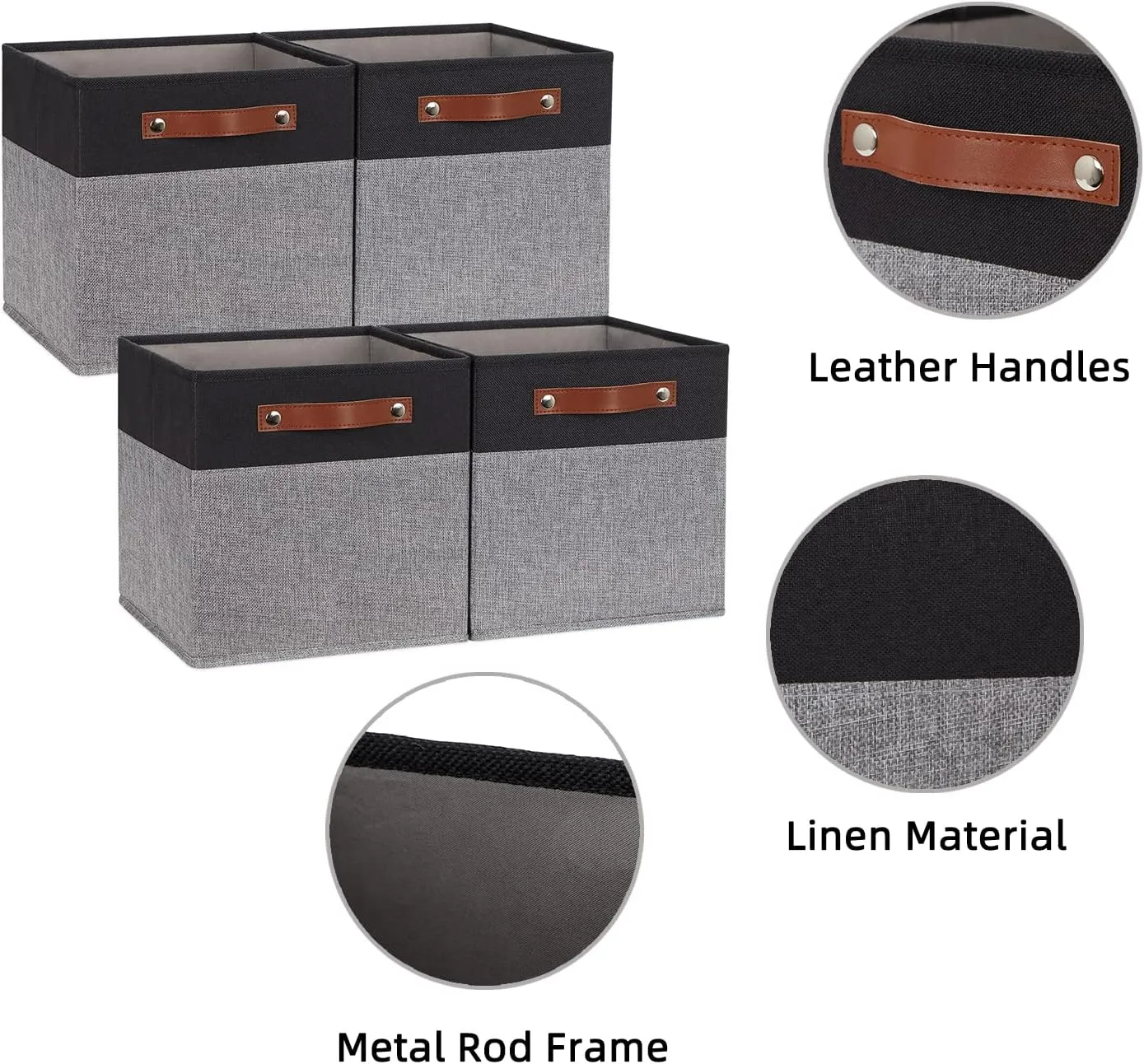 HNZIGE Fabric 11x11 Cube Storage Bins, Set of 4, Foldable Storage Cube- Baskets for Shelves with Handles for Cube Organizer Home Toy Nursery Closet(Black Gray)