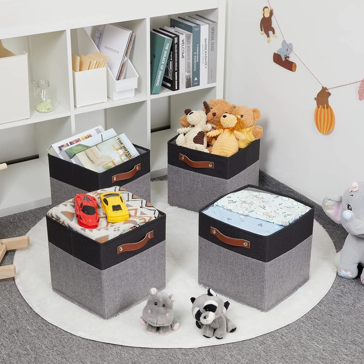 HNZIGE Fabric 11x11 Cube Storage Bins, Set of 4, Foldable Storage Cube- Baskets for Shelves with Handles for Cube Organizer Home Toy Nursery Closet(Black Gray)