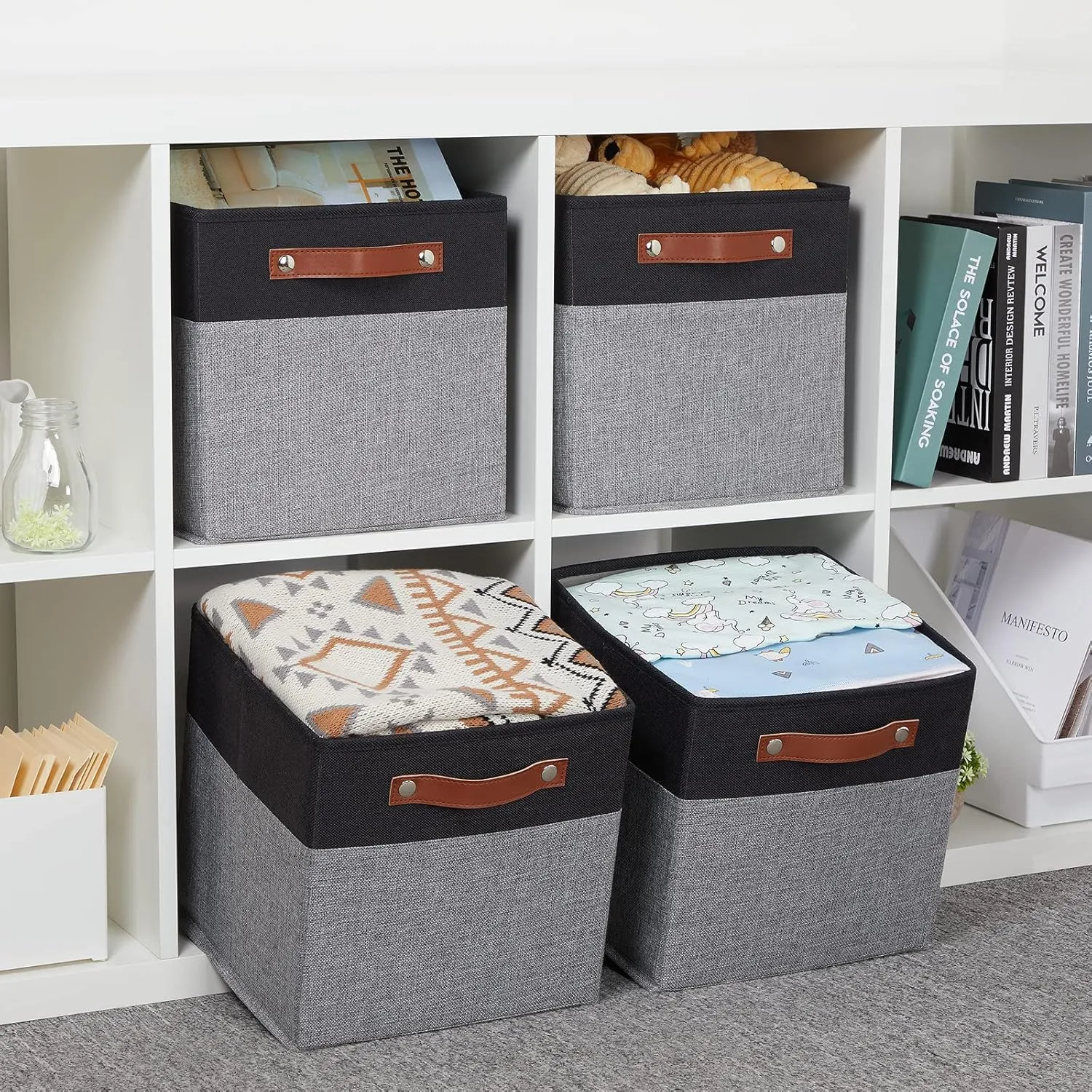 HNZIGE Fabric 11x11 Cube Storage Bins, Set of 4, Foldable Storage Cube- Baskets for Shelves with Handles for Cube Organizer Home Toy Nursery Closet(Black Gray)