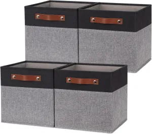 HNZIGE Fabric 11x11 Cube Storage Bins, Set of 4, Foldable Storage Cube- Baskets for Shelves with Handles for Cube Organizer Home Toy Nursery Closet(Black Gray)
