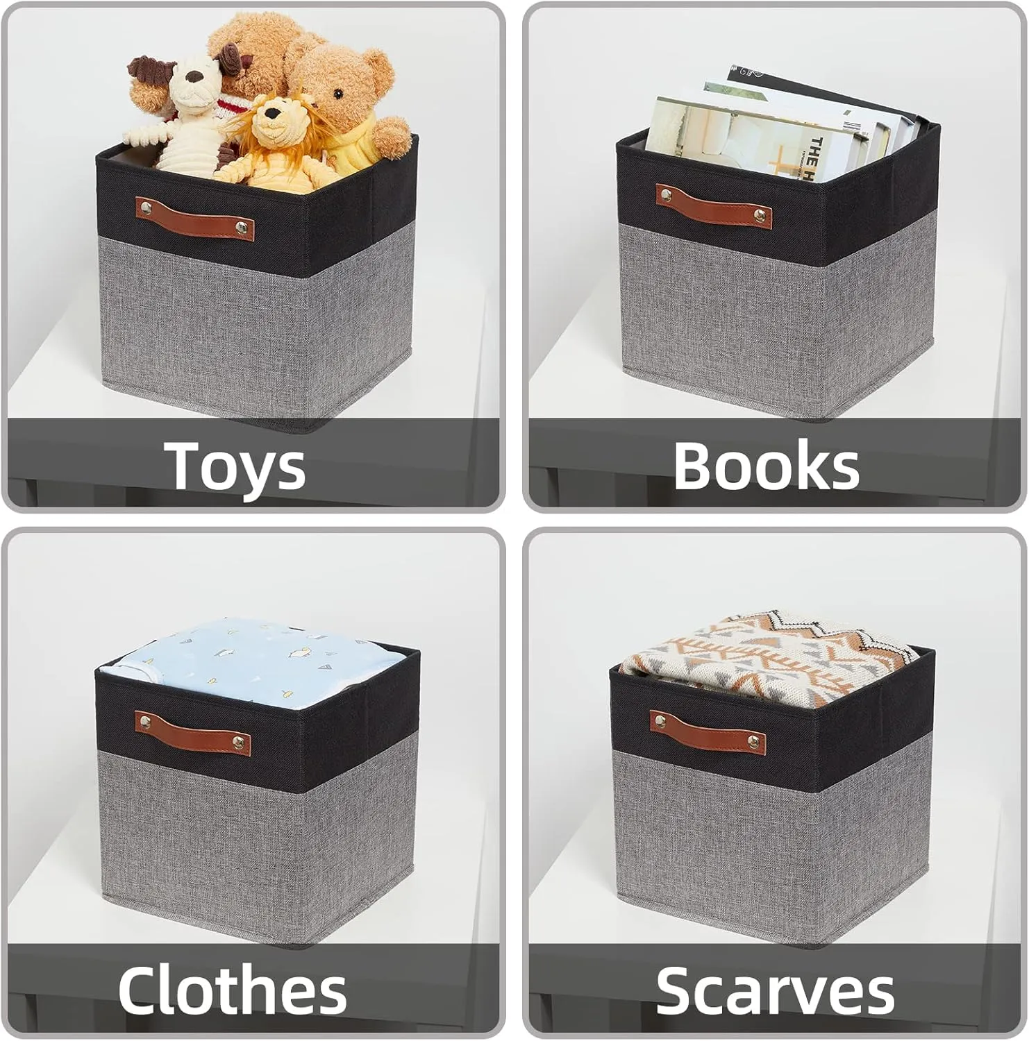 HNZIGE Fabric 11x11 Cube Storage Bins, Set of 4, Foldable Storage Cube- Baskets for Shelves with Handles for Cube Organizer Home Toy Nursery Closet(Black Gray)