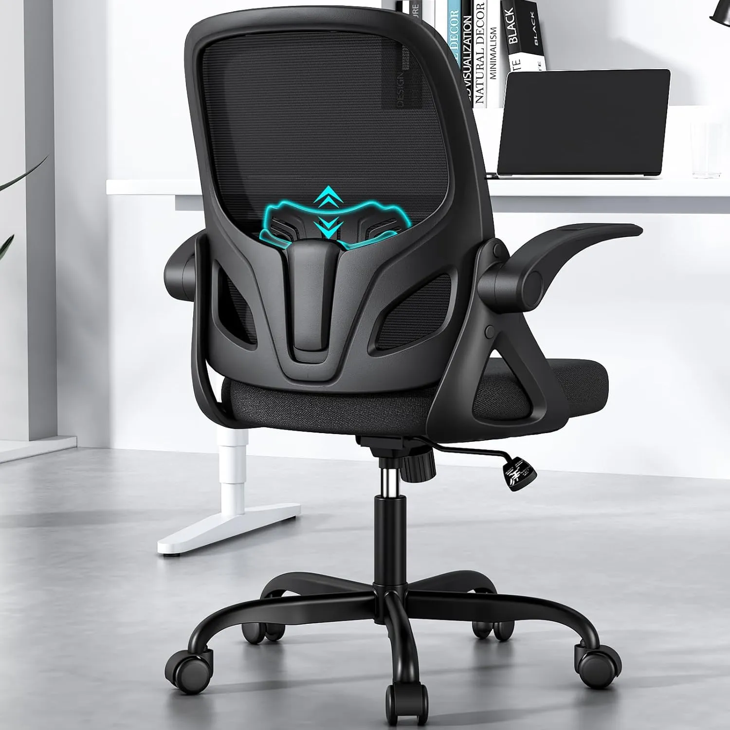Home Desk Chair with Back Supportive Lumbar Support, Breathable Double Mesh Cushion Home Desk Office Chair with Flip up Arms, Modern Ergonomic Home Office Chair for Work(Black)