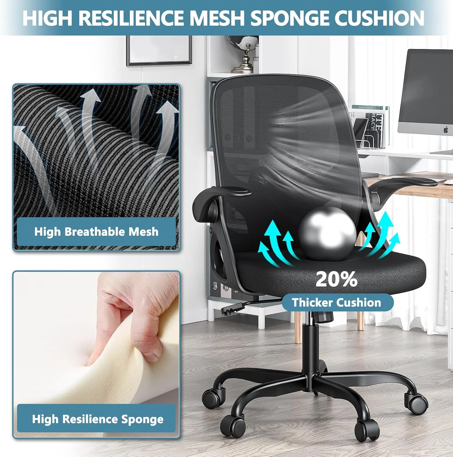 Home Desk Chair with Back Supportive Lumbar Support, Breathable Double Mesh Cushion Home Desk Office Chair with Flip up Arms, Modern Ergonomic Home Office Chair for Work(Black)