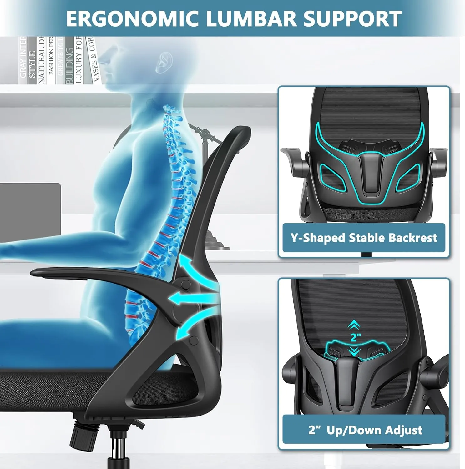 Home Desk Chair with Back Supportive Lumbar Support, Breathable Double Mesh Cushion Home Desk Office Chair with Flip up Arms, Modern Ergonomic Home Office Chair for Work(Black)
