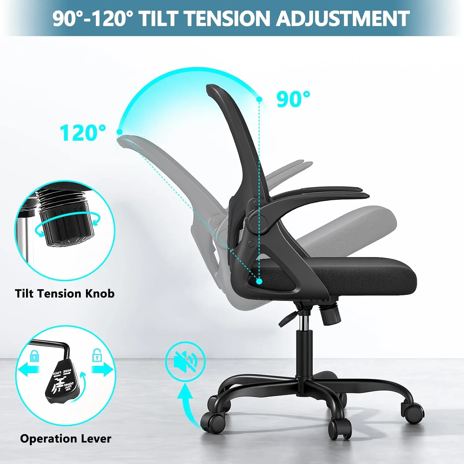 Home Desk Chair with Back Supportive Lumbar Support, Breathable Double Mesh Cushion Home Desk Office Chair with Flip up Arms, Modern Ergonomic Home Office Chair for Work(Black)