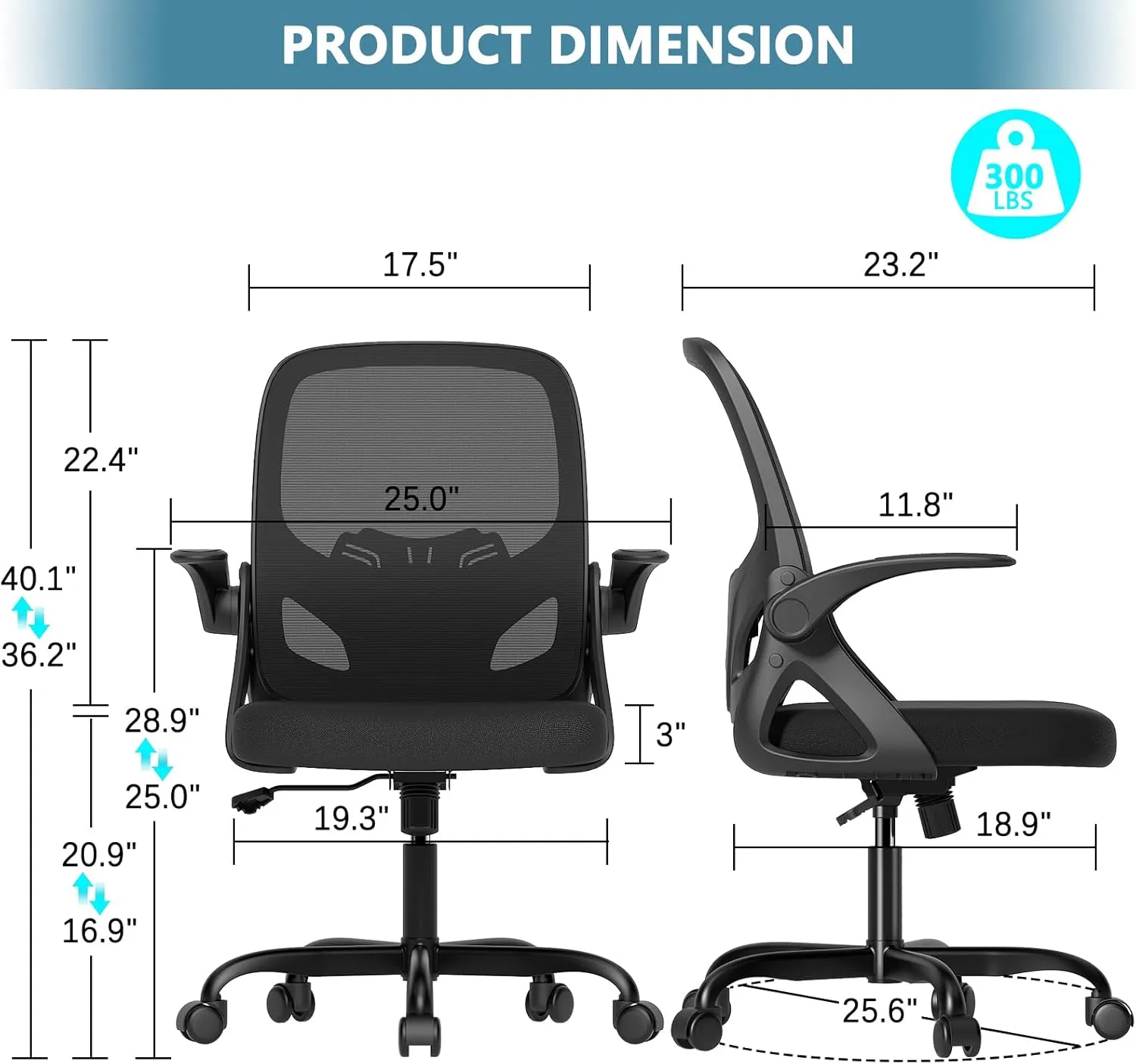 Home Desk Chair with Back Supportive Lumbar Support, Breathable Double Mesh Cushion Home Desk Office Chair with Flip up Arms, Modern Ergonomic Home Office Chair for Work(Black)