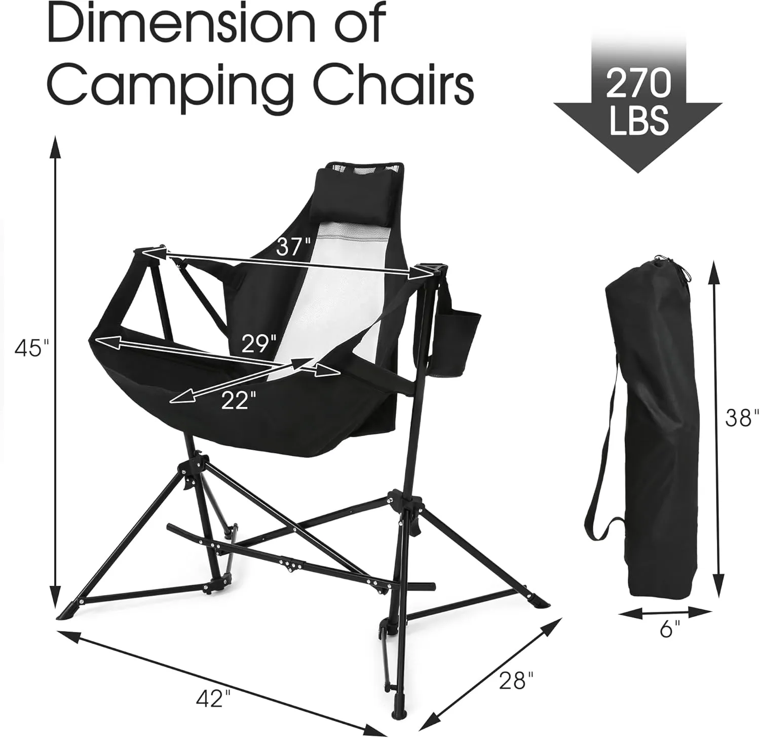 HOMEFUN Hammock Camping Chairs Set of 2- Portable Swinging Chair for Adults with Stand and Storage Bag, Oversized Folding Rocking for Lawn Camp Fishing Hiking, Black