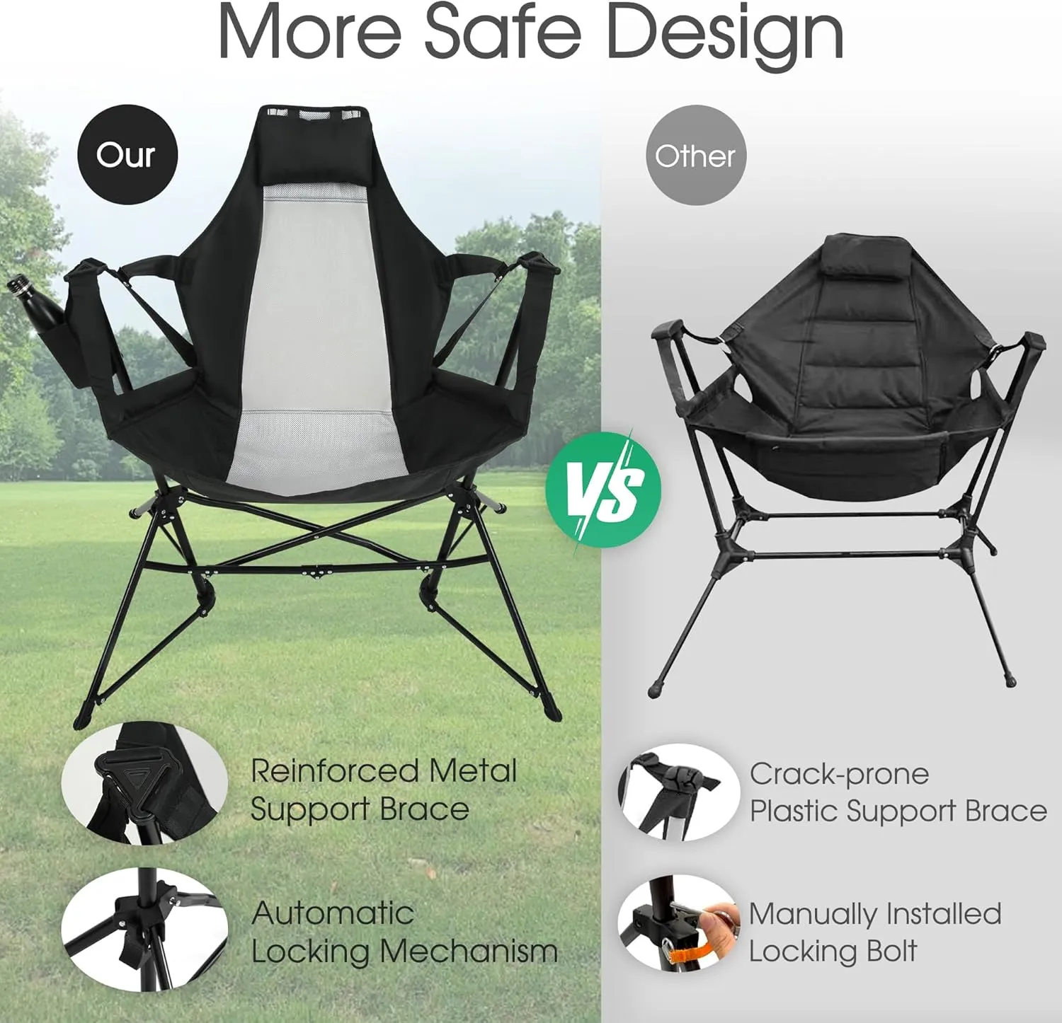 HOMEFUN Hammock Camping Chairs Set of 2- Portable Swinging Chair for Adults with Stand and Storage Bag, Oversized Folding Rocking for Lawn Camp Fishing Hiking, Black