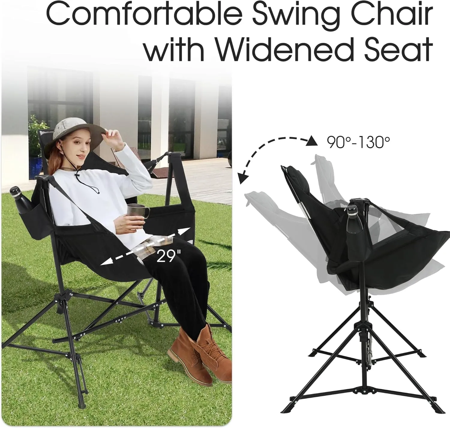 HOMEFUN Hammock Camping Chairs Set of 2- Portable Swinging Chair for Adults with Stand and Storage Bag, Oversized Folding Rocking for Lawn Camp Fishing Hiking, Black