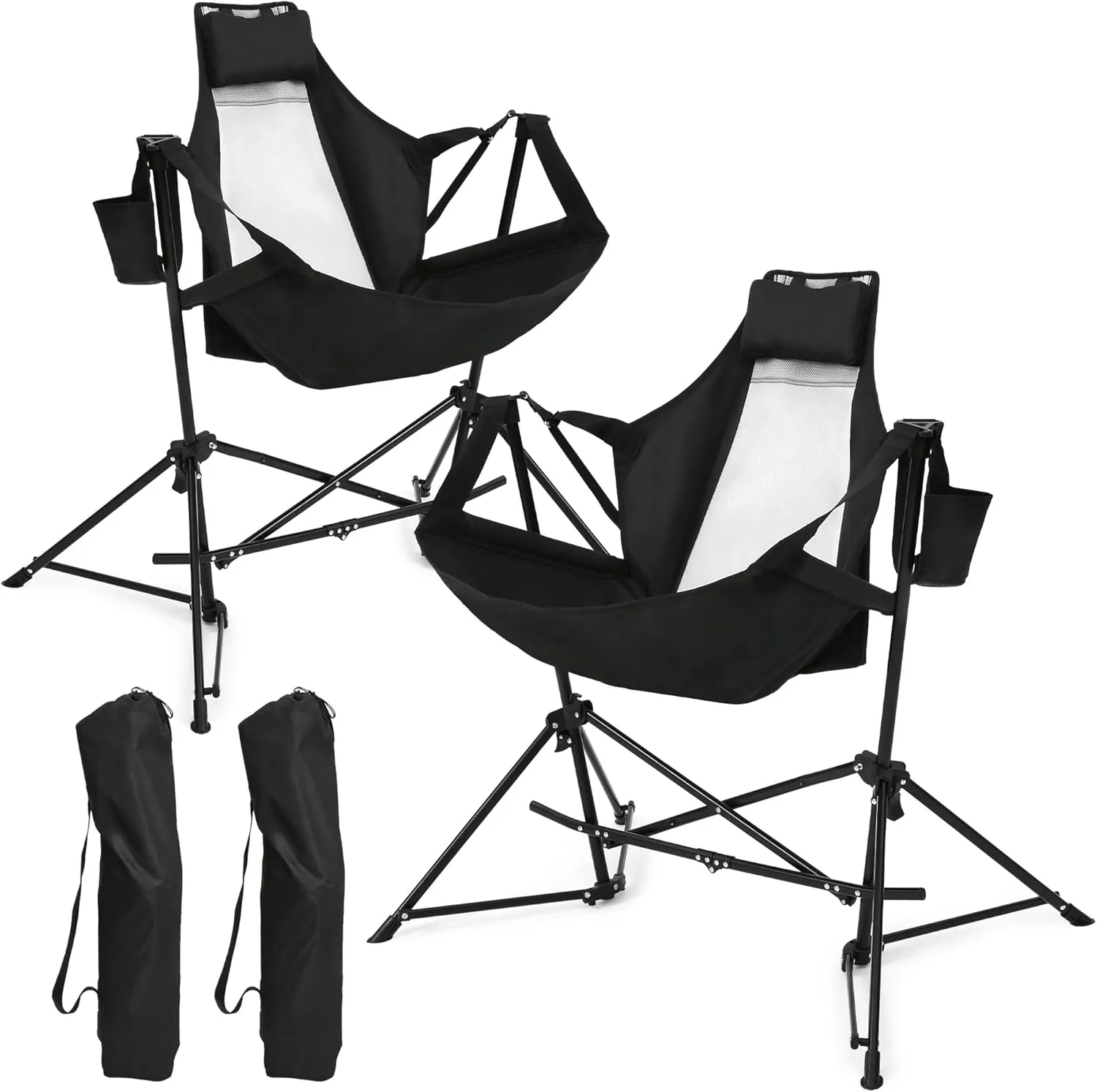 HOMEFUN Hammock Camping Chairs Set of 2- Portable Swinging Chair for Adults with Stand and Storage Bag, Oversized Folding Rocking for Lawn Camp Fishing Hiking, Black