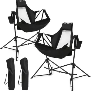 HOMEFUN Hammock Camping Chairs Set of 2- Portable Swinging Chair for Adults with Stand and Storage Bag, Oversized Folding Rocking for Lawn Camp Fishing Hiking, Black